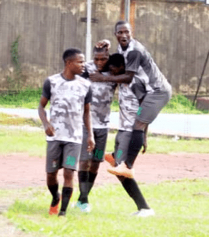 Customs players celebrate their goal against Nigerian Navy on Thursday.