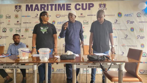 L-R: Maritime Cup Coordinator, Tosin Rotimi (standing); Chairman, Technical Committee of the Maritime Cup, Prince Adesegun Kosoko (also standing) with others at the draws of the 2025 Maritime Cup competition at the NPA Club House, Surulere, Lagos, on Tuesday.